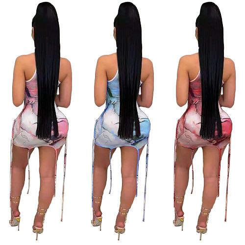 Fashion Tie-dye Sleeveless Stitching Rope Skinny Mini Dress TK-6165