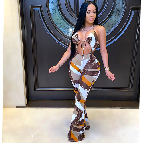 Sexy Print Sleeveless Hollow Out Lace Up Bodycon Jumpsuit LSL-6359