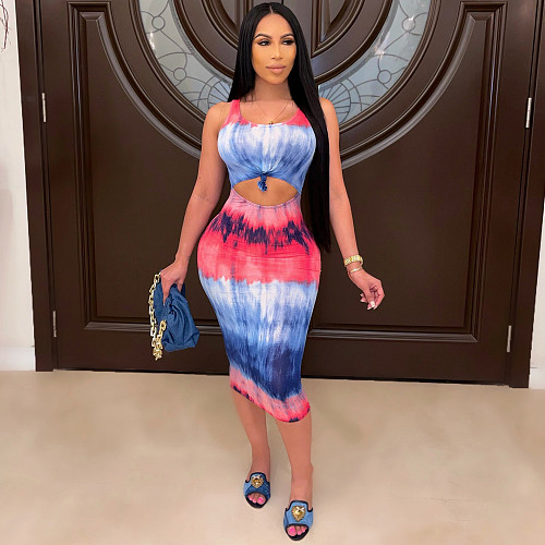 Women Tie Dye Print Sleeveless Cut Out Bodycon Dress WSM-5236