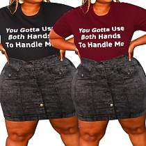 Plus Size Women Letter Print Short Sleeve Round Neck T-shirt OSS-21061