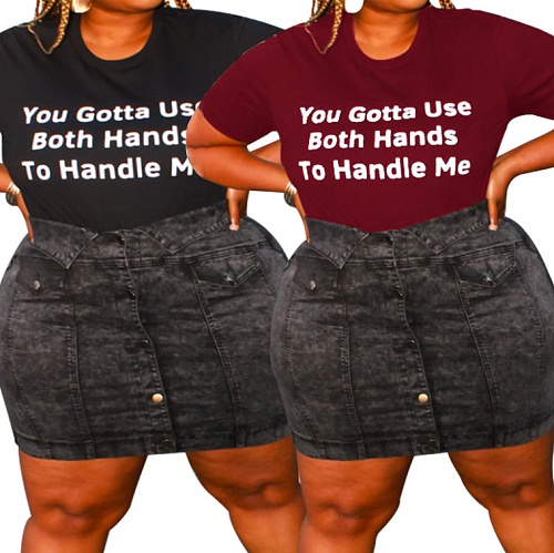 Plus Size Women Letter Print Short Sleeve Round Neck T-shirt OSS-21061