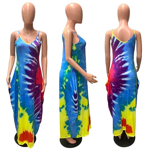 Summer Colored Tie-dye Print Loose Irregular Halter Dress QZX-6197