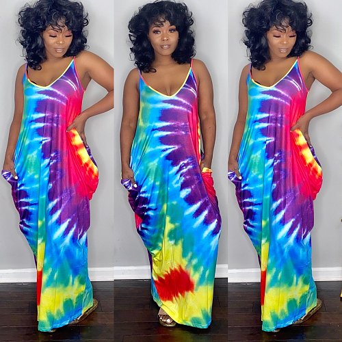 Summer Colored Tie-dye Print Loose Irregular Halter Dress QZX-6197
