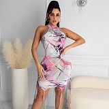 Fashion Tie-dye Sleeveless Stitching Rope Skinny Mini Dress TK-6165