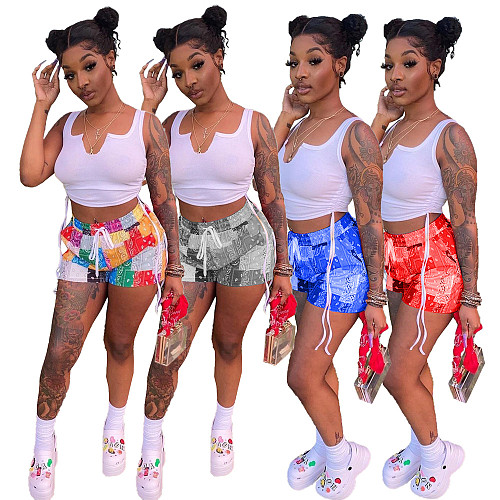 Women Sleeveless Drawstring Crop Top Print Shorts 2 Pieces NM-8344