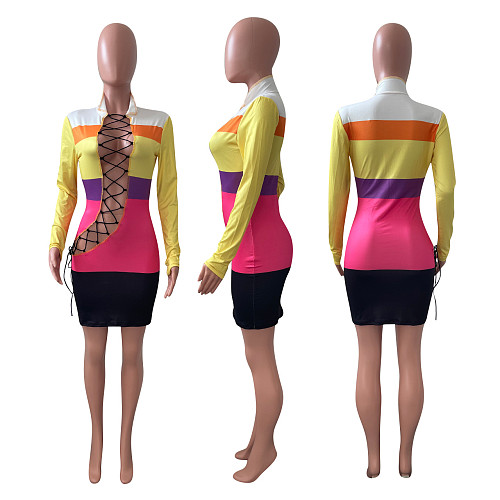 Stitching Color Long Sleeve Hollow Out Bandage Skinny Dress NIK-221