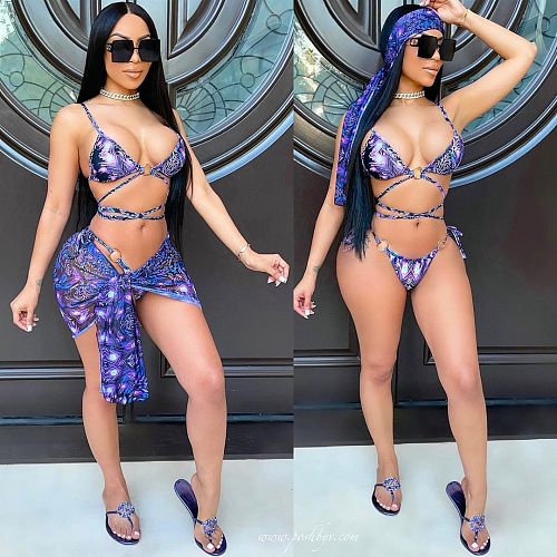 Women's Cover Ups Skirt Halter High Waist Three-piece Bikini Set ORY-5184
