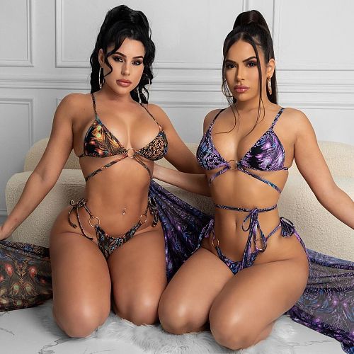 Women's Cover Ups Skirt Halter High Waist Three-piece Bikini Set ORY-5184