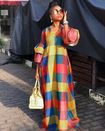 Colored Plaid Printed Flare Sleeves V Neck Floor Length Dress LDS-3077