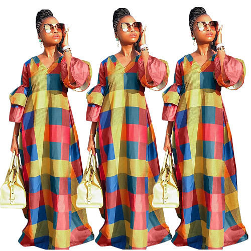 Colored Plaid Printed Flare Sleeves V Neck Floor Length Dress LDS-3077