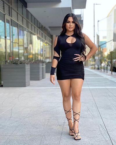 Solid Color One Shoulder Hollow Out Sleeve Irregular Mini Dress BGN-153