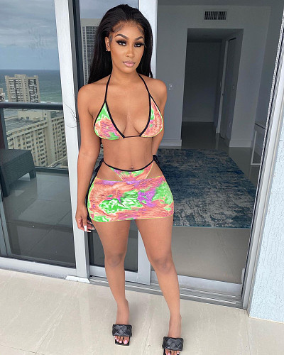 Tie Dye Print High Waist Bikini With Skirts 3 Piece Swimsuit NIYA-8052