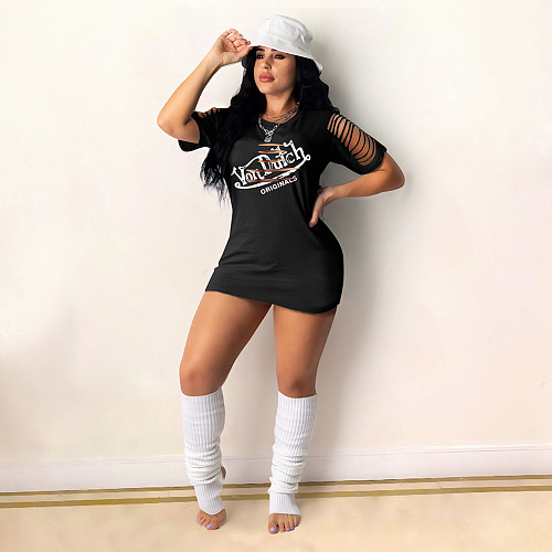 Letter Printing Fashion Short Sleeve Ripped Bodycon Mini Dress DD-8090