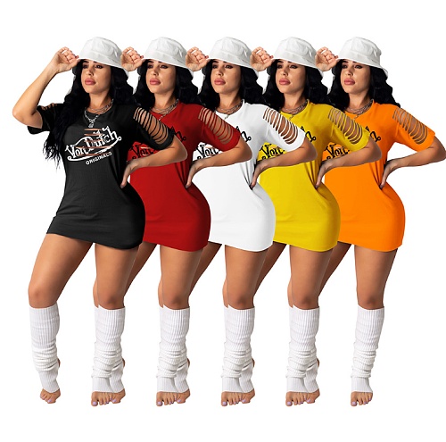 Letter Printing Fashion Short Sleeve Ripped Bodycon Mini Dress DD-8090
