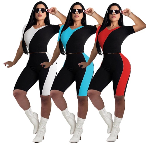 Summer Patchwork V Neck Short Sleeve Tops Shorts 2 Piece Suit YUM-9064