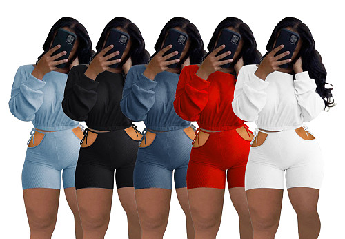 Solid Color Long Sleeve Crop Top Skinny Shorts 2 Piece Outfits SD-3108