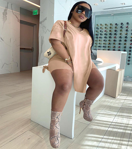 Plus Size Solid Color Short Sleeve O-neck Top Shorts 2 Pieces NY-2095