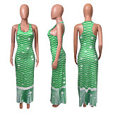 Gradient Fish Scales Print Low Neck Sleeveless Bohemian Dress NIK-231