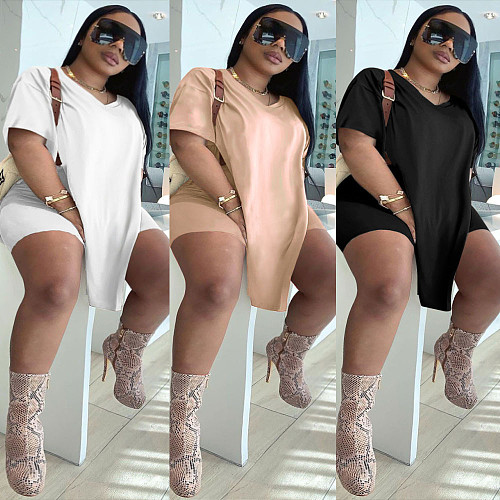 Plus Size Solid Color Short Sleeve O-neck Top Shorts 2 Pieces NY-2095