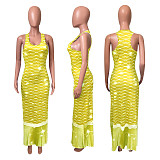 Gradient Fish Scales Print Low Neck Sleeveless Bohemian Dress NIK-231