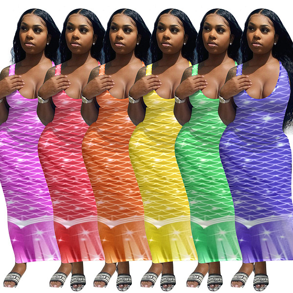 Gradient Fish Scales Print Low Neck Sleeveless Bohemian Dress NIK-231