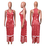 Gradient Fish Scales Print Low Neck Sleeveless Bohemian Dress NIK-231