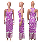 Gradient Fish Scales Print Low Neck Sleeveless Bohemian Dress NIK-231