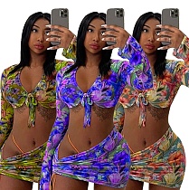 Long Sleeve Crop Top Mini Skirt Bandage 3 Piece Matching Sets MDF-5225