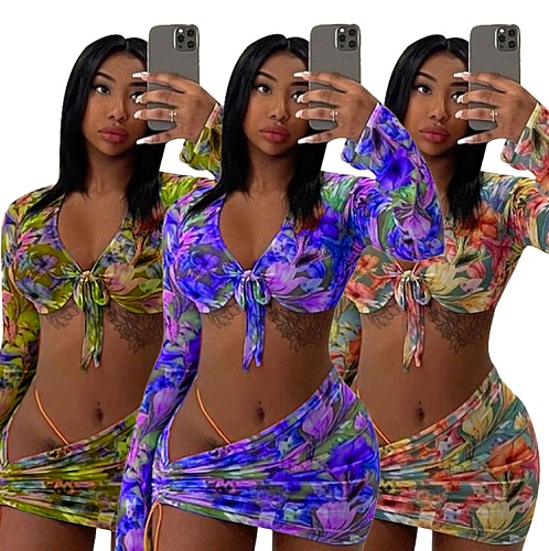 Long Sleeve Crop Top Mini Skirt Bandage 3 Piece Matching Sets MDF-5225