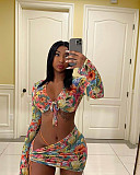 Long Sleeve Crop Top Mini Skirt Bandage 3 Piece Matching Sets MDF-5225