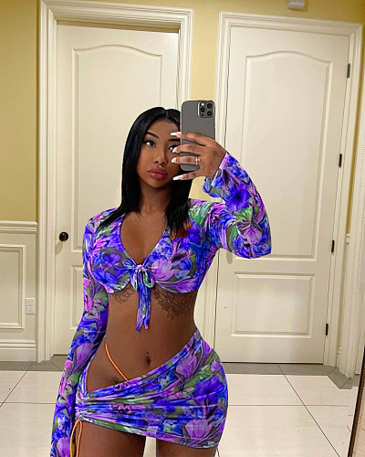 Long Sleeve Crop Top Mini Skirt Bandage 3 Piece Matching Sets MDF-5225