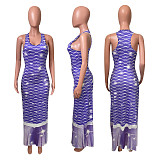 Gradient Fish Scales Print Low Neck Sleeveless Bohemian Dress NIK-231