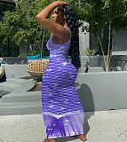 Gradient Fish Scales Print Low Neck Sleeveless Bohemian Dress NIK-231
