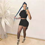 Summer Solid Color Crop Top Drawstring Shorts Two Piece Set XMY-9295
