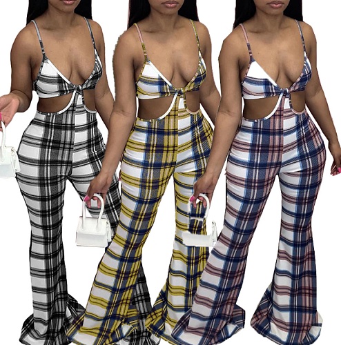 Plaid Printed V Neck Cut Out Sleeveless Flared Halter Jumpsuits NM-8348