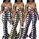 Plaid Printed V Neck Cut Out Sleeveless Flared Halter Jumpsuits NM-8348