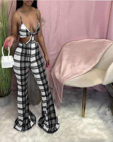 Plaid Printed V Neck Cut Out Sleeveless Flared Halter Jumpsuits NM-8348