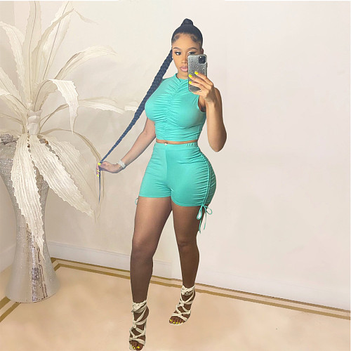 Summer Solid Color Crop Top Drawstring Shorts Two Piece Set XMY-9295