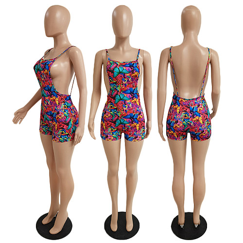 Sexy Women Butterfly Printed Backless Halter Bodycon Romper DY-6648