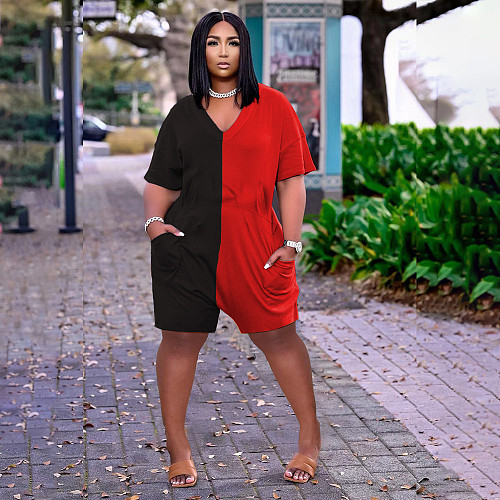 Hot Sales Splice Color Short Sleeve V-neck Loose Romper NIYA-8043