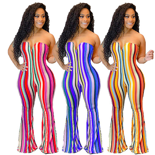 Hot Style Elastic Striped Sleeveless Strapless V-neck Jumpsuit XY-9086