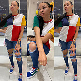Fashion Color Block Stitching Round Neck Short Sleeve T-shirt GLS-8099