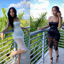 Elegant Solid Color Lace Splicing Low Cut Backless Halter Dress BN-9274