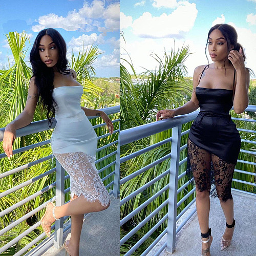 Elegant Solid Color Lace Splicing Low Cut Backless Halter Dress BN-9274