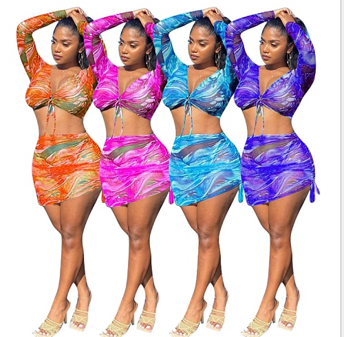 Sexy Mesh Printed Long Sleeve Crop Top Mini Skirt 2 Piece Set MEM-8348