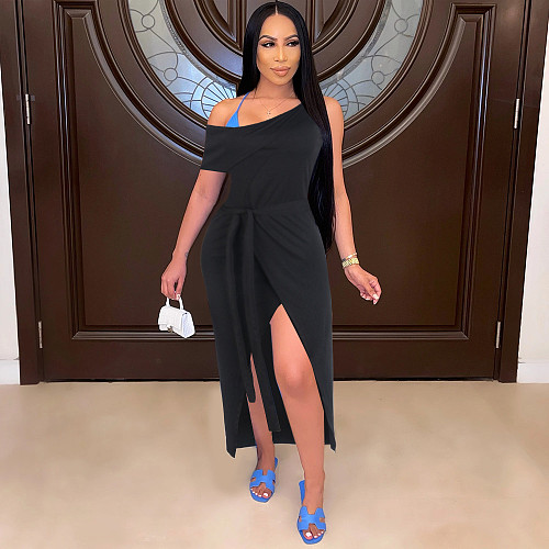Sexy Solid Color Irregular Off Shoulder Slit Lace-up Club Dress FSX-118