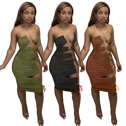 Women's Irregular Hollow-out Drawstring Bandage Halter Dress NM-8356