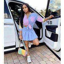 Women Patchwork Long Sleeve Shirt Pleated Skirt 2 Piece Set HMS-5438