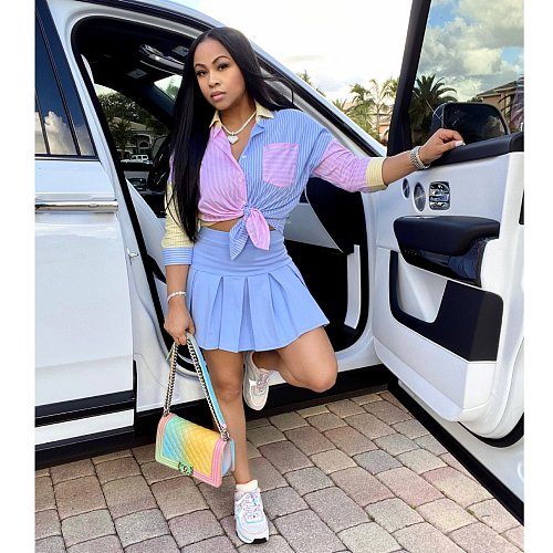 Women Patchwork Long Sleeve Shirt Pleated Skirt 2 Piece Set HMS-5438