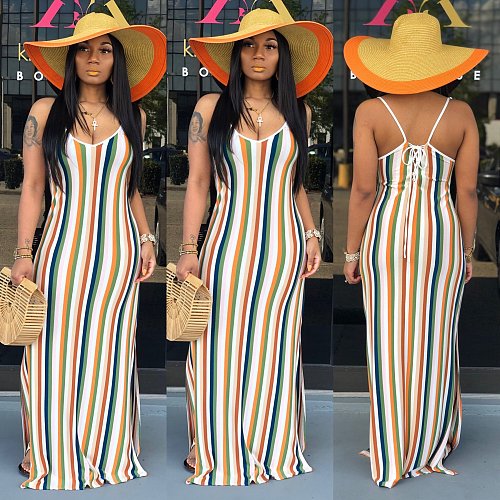 Colored Stripe Sleeveless High Waist Lace-up Halter Maxi Dress FSX-95